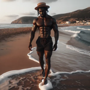 Create an image of a well-muscled man with deep chocolate skin a...