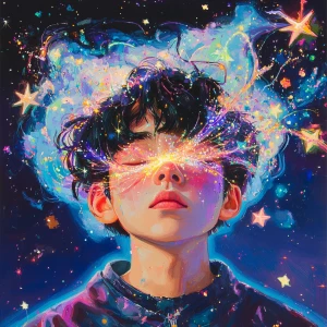 A portrait in 2.5D art style featuring a cosmic alchemist blendi...