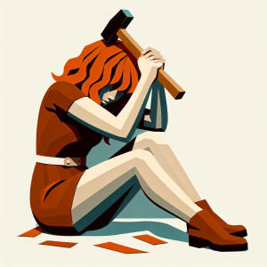 Ginger haired woman hitting herself on the head with a hammer. S...