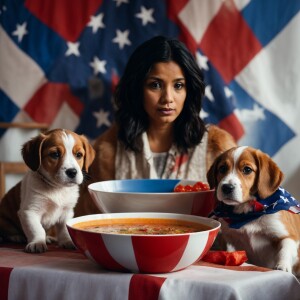 Puppies sitting on the table with a red white blue bowl of soup...