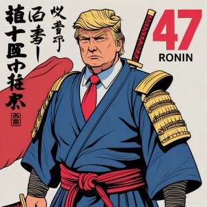Trump as samurai in carton style with text 47 Ronin