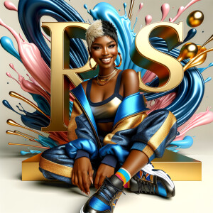 3D writing name "KAREN" bold glossy gold. There is a beautiful African-American latino woman, smiling with a black and blonde pixie cut hairdo,blue and gold trendy jacket and outfits in blue, pink, and gold tones, sport shoes, sitting under the name. Her outfits are glossy. dynamic color explosion background, of pink, blue, gold colors, splashed on white wall