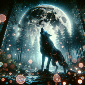 A werewolf howling at a full moon in a forest trail cam footage,...