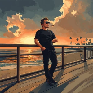 Elon Musk..leaning on boardwalk railing smoking a cigarette, in...