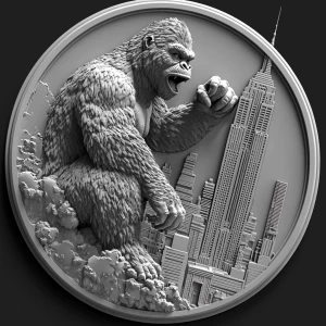 Design a high-contrast grayscale 3d bas relief of king kong clim...