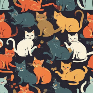 Five mischievous cats of different colors are playing together,...