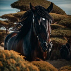 Cavalo negro a cavalgar á beira mar