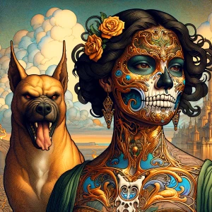 A beautiful, full-bodied woman with a skeleton face, golden meta...