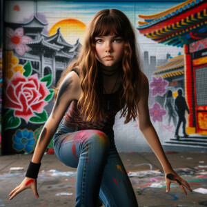 teenage girl, long brown hair and bangs, wearing tight skinny jeans and a halter top paint marks on her clothing, heroic pose Asian graffiti background, nearing on one knee