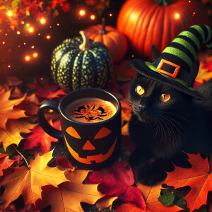 Halloween leaves, pumpkin spice coffee, and a black cat wearing...