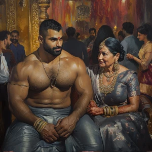 Realism art,a muscular beefy sweaty man sitting on stage with hi...