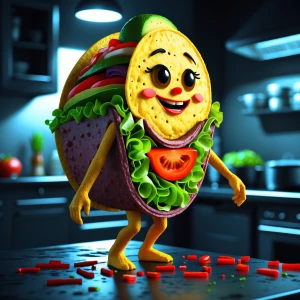Imagine an anthropomorphic taco lady, her shell forming the eleg...