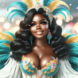 Create a 3-D  vivid full-body view of a colorful glossy hyper-realistic oil painting of a detailed illustration full length photo single image of a beautiful African-American caramel skinned woman plus sized, with long, black, wavy hair, her make up is airbrushed and flawless, she is dressed in a white, teal and yellow large, elaborate, elegant, very detailed carnival costume with colorful African-American pink, blue, gold yellow green feathers, flawless makeup, prominent lashes, black peep toe heels, white pixie hair, background bokeh, she is stunning and smiling, digital art.