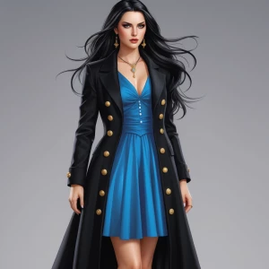 Create an image of Bella Swan with long black hair, wearing a bl...