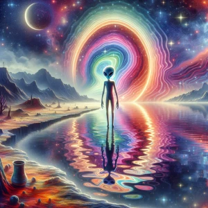 An alien figure standing at the edge of a vast, mirrored lake, their reflection rippling into a kaleidoscope of shifting colors. Behind them, a horizon of stars bends into a glowing arc, creating a portal-like effect