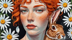 Bust watercolor of a freckled woman with red curls. White daisie...
