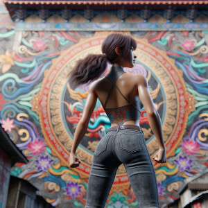 Athletic Thin skinny Attractive, Asian teenage girl, long brown hair and bangs, wearing tight skinny jeans and a halter top paint marks on her clothing, heroic pose Asian graffiti background, backside view