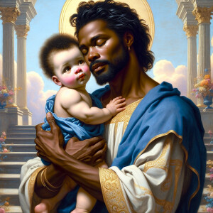 Classical oil painting style depicting an African-American Jesus...