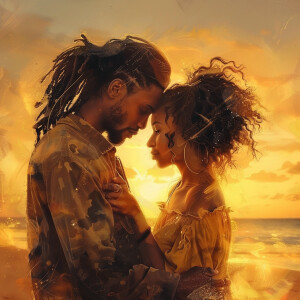 Depicting a 18 year old black couple in a loving embrace, standi...