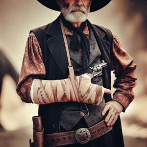 An old west cowboy standing in the middle of the road, six shoot...