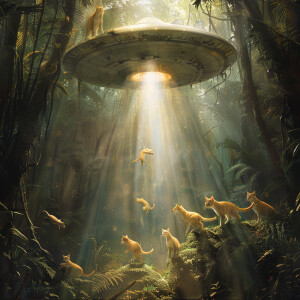 An alien spacecraft hovers above a dense wilderness, its bright...