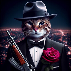 cat in a tuxedo, fedora hat, rose in pocket, Thompson rifle in h...