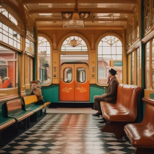 A charming vintage train station with perfectly aligned windows, characters in vibrant retro outfits, and whimsical signs adding to the offbeat aesthetic.