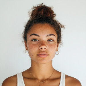 A portrait of a 21-year-old woman with a clean face, brown skin,...