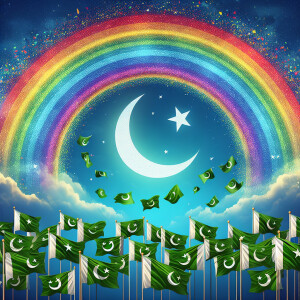 A rainbow with Pakistan flags