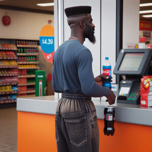 Full body black thug with very low haircut and facial hair weari...