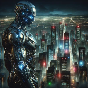 Futuristic iron man looking down at the city from a cityscape