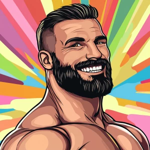 White muscular thin man with beard, big chin, smile and cheekbon...