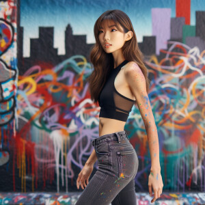 Very thin Athletic Thin skinny Attractive, Asian teenage girl, long brown hair and bangs, wearing tight skinny jeans and a halter top paint marks on her clothing, heroic sideways pose Asian graffiti background