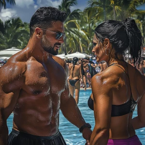 PhotoRealism,realism,a muscular beefy sweaty man walking with h...