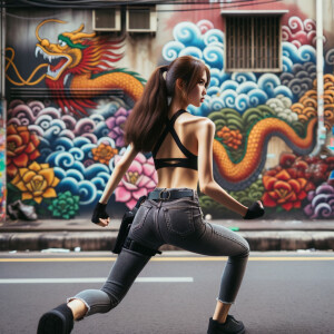 Athletic Thin skinny Attractive, Asian teenage girl, long brown hair and bangs, wearing tight skinny jeans and a halter top paint marks on her clothing, heroic pose Asian graffiti background, backside view