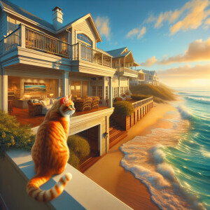 A cozy beach house perched on a hill with a curious orange cat g...