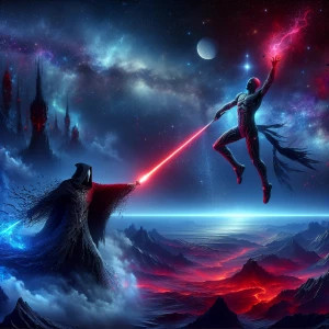 Create an image depicting a showdown between Darth Vader wieldin...