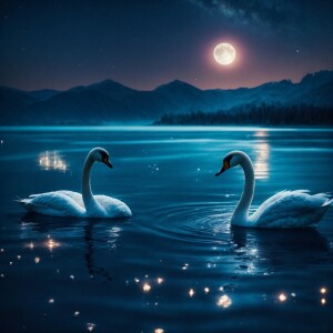 two while shiny sparkly swans swimming in a cold night in a lake...