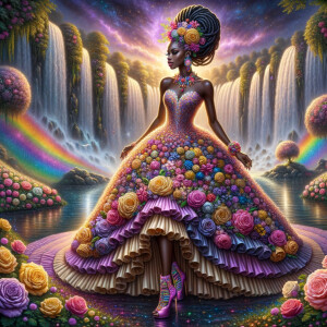 Remix Prompt
S/O Jackie Torres
S/O Panda Locke

create a animated style hyper realistic airbrush whimsical oil painting of a light African American woman wearing a flawless beautiful purple, pink, and gold blossom dress long flowing with colorful flowers and ruffles on the dress colorful jewelry made of flowers she has long black dreadlocks in a bun a colorful rose in her hair her peep toe shoes is matching her dress behind her is a beautiful waterfall liquid glowing lights beautiful colorful rainbow surrounded by beautiful roses.