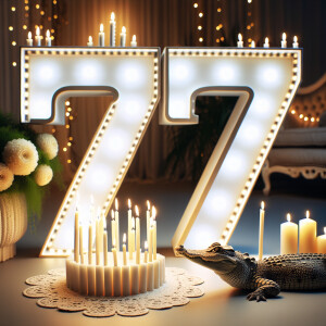 number 77 with 7 candles and one crocodile