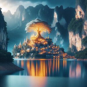 a large magical glowing tree with a lake surrounded by cliffs wi...