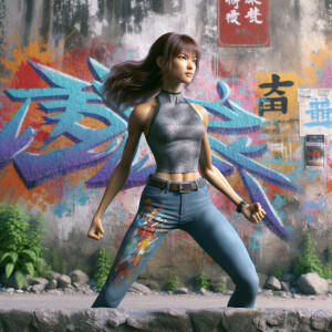 Athletic Thin skinny Attractive, Asian teenage girl, long brown hair and bangs, wearing tight skinny jeans and a halter top paint marks on her clothing, heroic pose Asian graffiti background, backside view