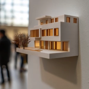 3D printed scale model of a modern house being displayed as art on a wall