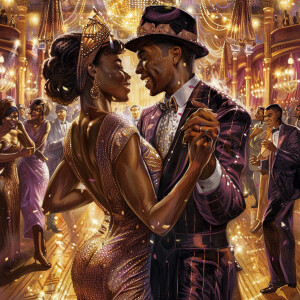 Illustrate an Afrocentric couple in glamorous flapper attire, da...
