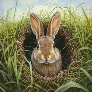 create an image of a rabbit coming out of a hole in a grassy fie...