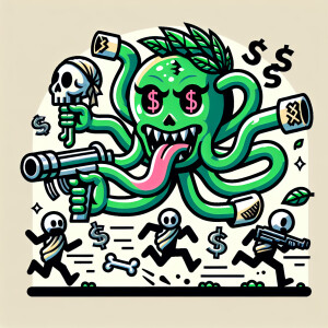 Create a dynamic, comic-book-style logo showcasing a sinister ca...