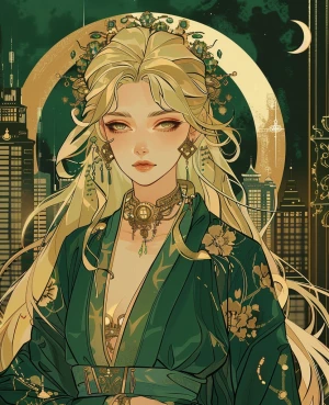 Alphonse Mucha–inspired Art Deco manga fusion portrait of a rega...