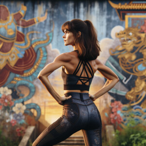 Athletic Thin skinny Attractive, Asian teenage girl, long brown hair and bangs, wearing tight skinny jeans and a halter top paint marks on her clothing, heroic pose Asian graffiti background,  backside view