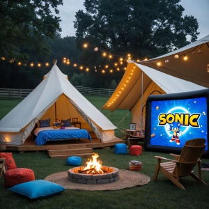Outdoor boys' glamping birthday sleepover party featuring a  bel...