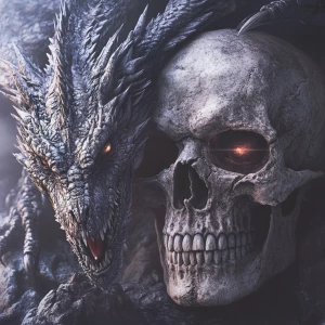 dragon beside skull faced entity, both facing toward the viewer...